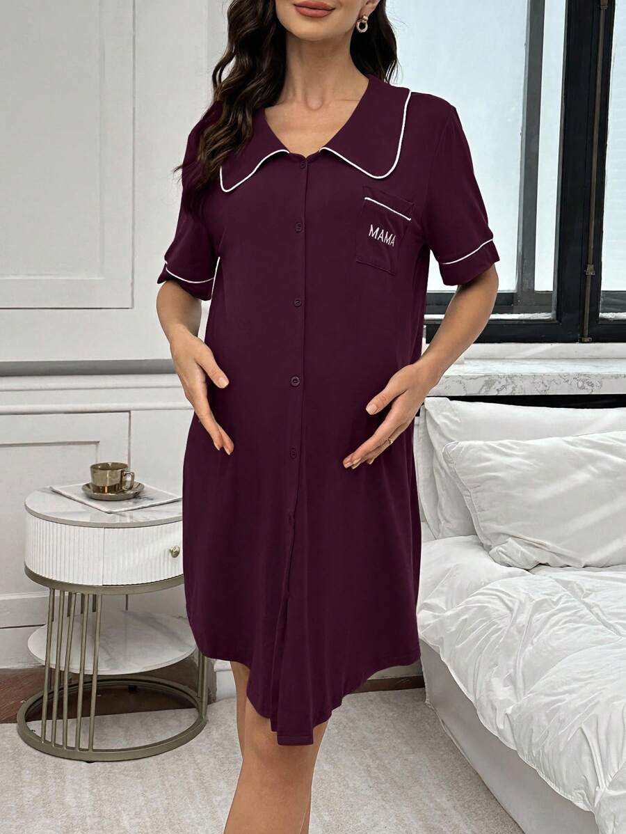 Moonlight and Mama Dusty Pink Maternity Nightgown - Letter Embroidery Peter Pan Collar Sleep Dress - High Waist V Neck Half Sleeve Loungewear