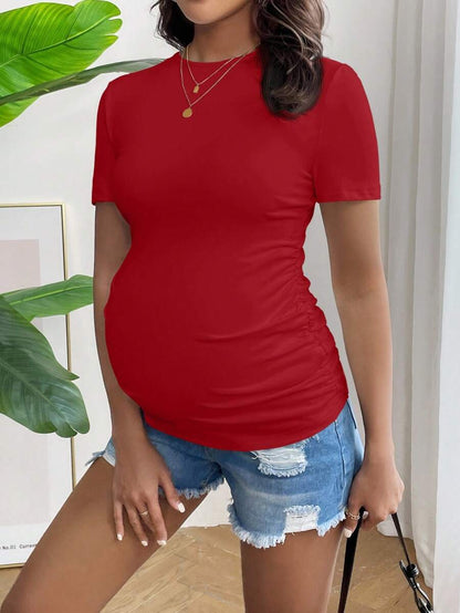 Maternity Short Sleeve Ruched Fitted T-Shirt in Mint Green, High Stretch Slim Fit Summer Pregnancy Top for Daily Wear