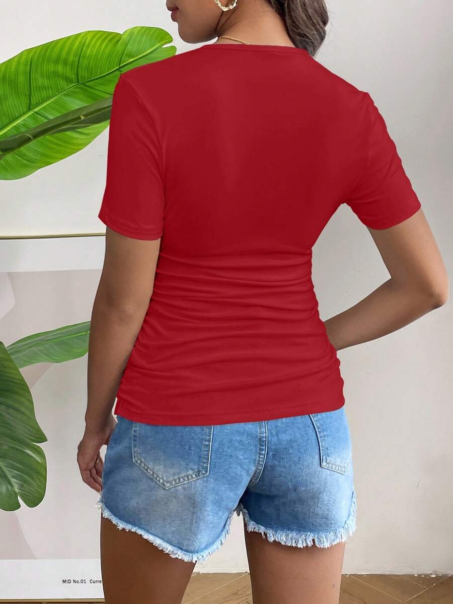 Maternity T-Shirt - Solid Color Ruched Round Neck Short Sleeve Casual Summer, Pregnancy Stretch