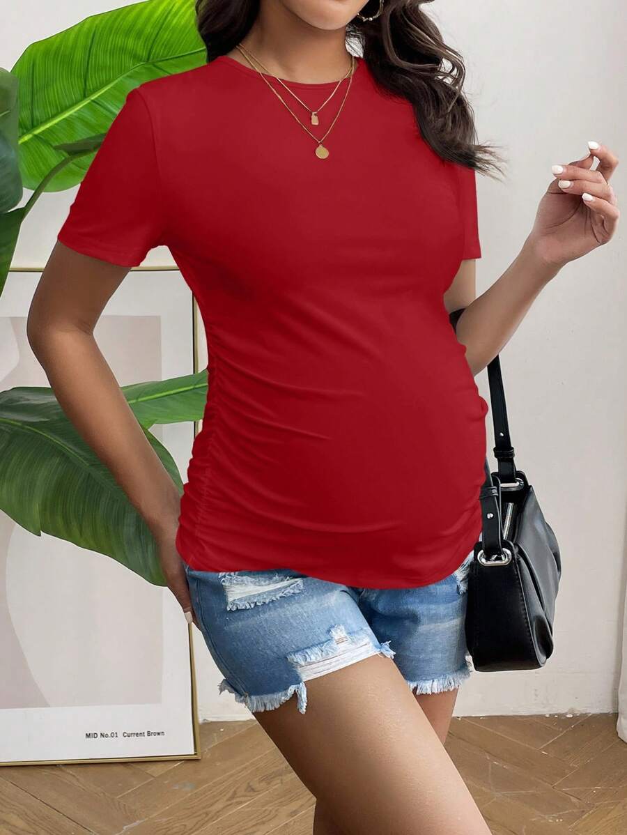 Maternity Short Sleeve Ruched Fitted T-Shirt in Mint Green, High Stretch Slim Fit Summer Pregnancy Top for Daily Wear
