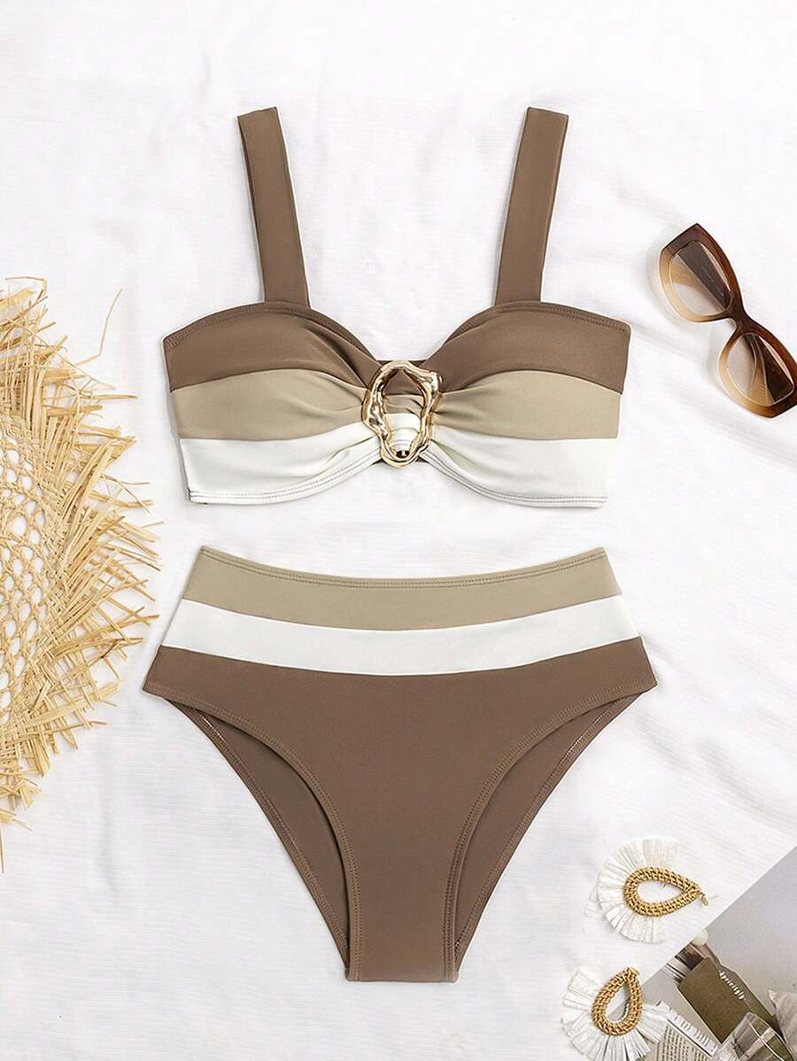 Swim Vcay Fashionable New Sexy Patchwork Color Block Thick Strap Top And High Waist Triangle Bottoms Bikini Swimsuit Set, Bodycon & Alluring For Summer Beach Vacation