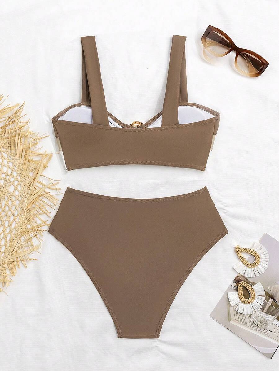 Swim Vcay Fashionable New Sexy Patchwork Color Block Thick Strap Top And High Waist Triangle Bottoms Bikini Swimsuit Set, Bodycon & Alluring For Summer Beach Vacation