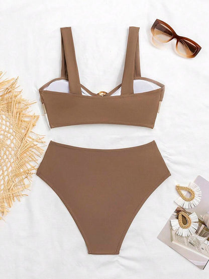Swim Vcay Fashionable New Sexy Patchwork Color Block Thick Strap Top And High Waist Triangle Bottoms Bikini Swimsuit Set, Bodycon & Alluring For Summer Beach Vacation