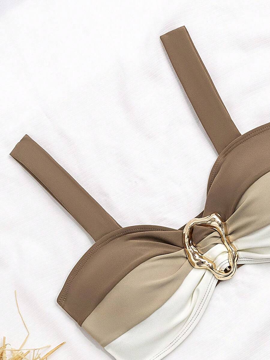 Swim Vcay Fashionable New Sexy Patchwork Color Block Thick Strap Top And High Waist Triangle Bottoms Bikini Swimsuit Set, Bodycon & Alluring For Summer Beach Vacation