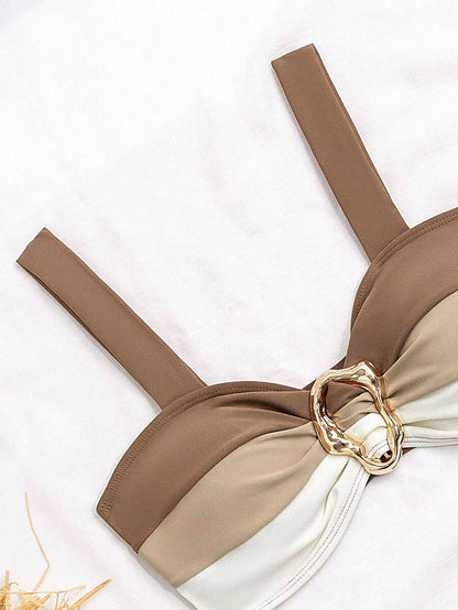 Swim Vcay Fashionable New Sexy Patchwork Color Block Thick Strap Top And High Waist Triangle Bottoms Bikini Swimsuit Set, Bodycon & Alluring For Summer Beach Vacation