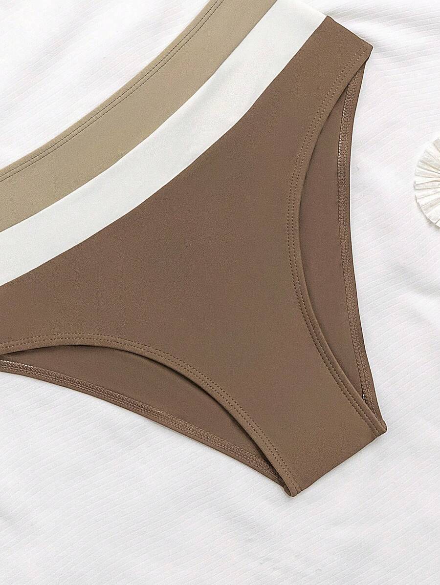 Swim Vcay Fashionable New Sexy Patchwork Color Block Thick Strap Top And High Waist Triangle Bottoms Bikini Swimsuit Set, Bodycon & Alluring For Summer Beach Vacation
