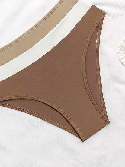 Swim Vcay Fashionable New Sexy Patchwork Color Block Thick Strap Top And High Waist Triangle Bottoms Bikini Swimsuit Set, Bodycon & Alluring For Summer Beach Vacation