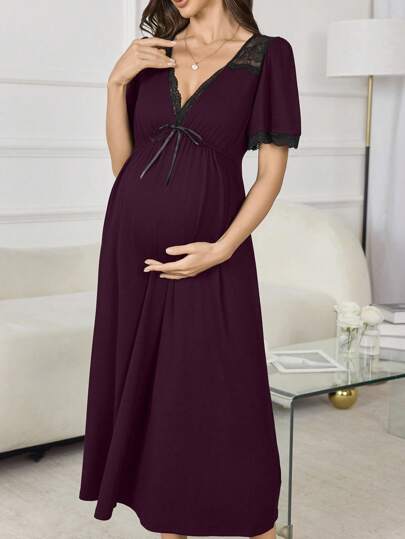 Maternity V-Neck Lace Patchwork A-Line Long Nightgown Women Pregnancy Sleepwear Elegant Loungewear