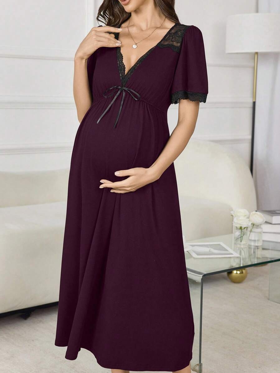 Maternity V-Neck Lace Patchwork A-Line Long Nightgown Women Pregnancy Sleepwear Elegant Loungewear