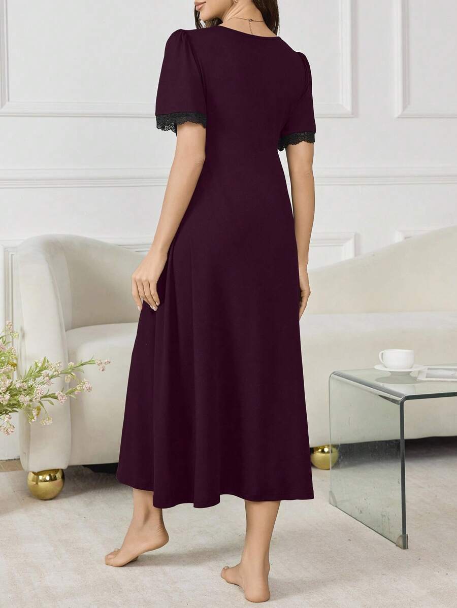 Maternity Long Nightgown - Deep V Neck Lace Patchwork Waist Flare Hem Elegant, Nursing Sleepwear