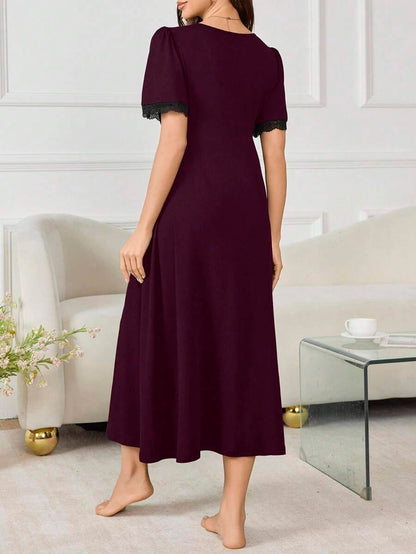 Maternity Long Nightgown - Deep V Neck Lace Patchwork Waist Flare Hem Elegant, Nursing Sleepwear