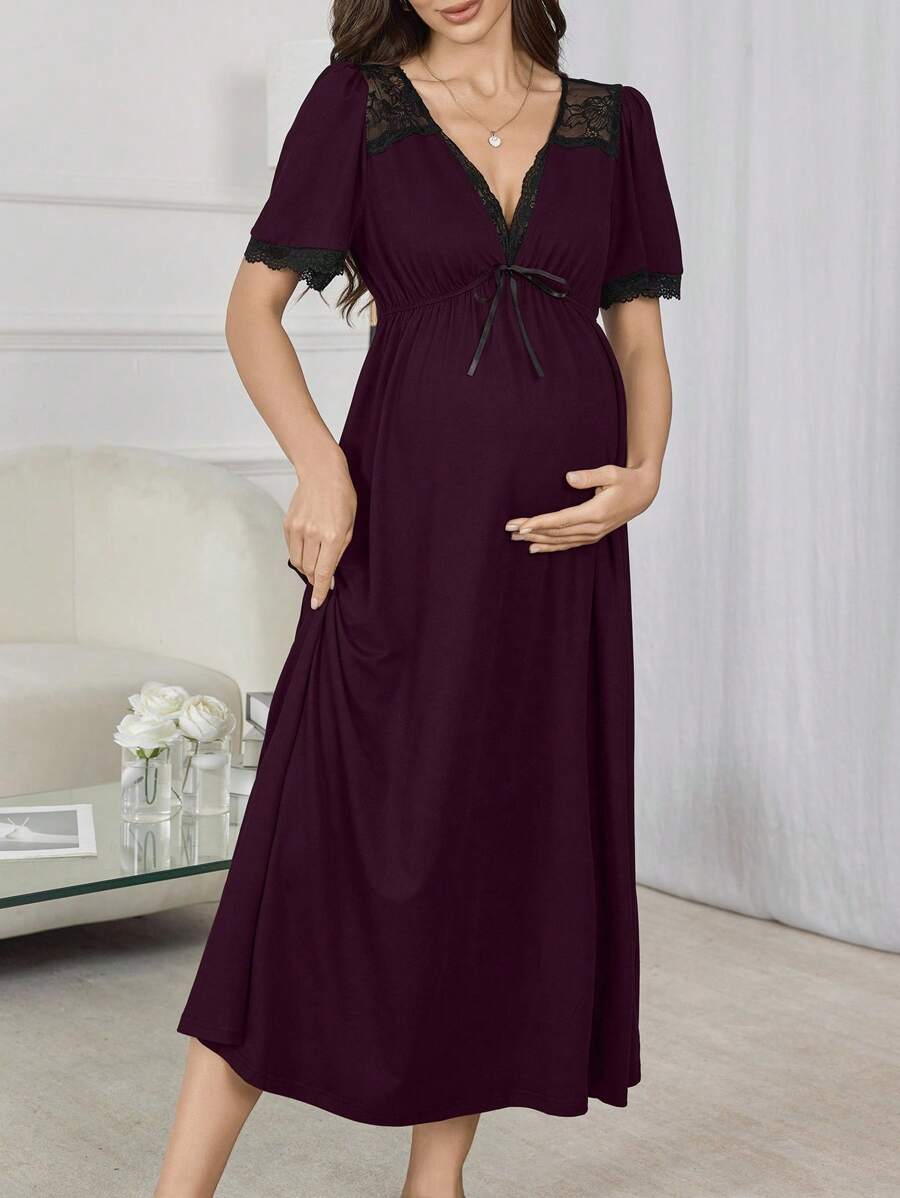 Maternity V-Neck Lace Patchwork A-Line Long Nightgown Women Pregnancy Sleepwear Elegant Loungewear