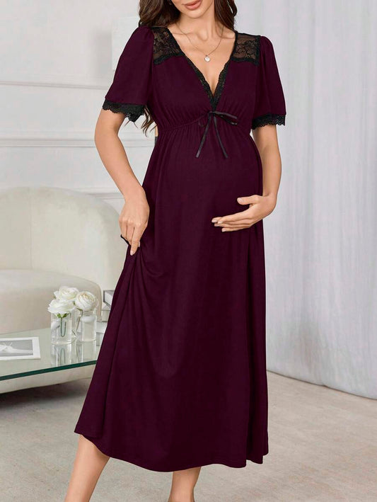 Maternity V-Neck Lace Patchwork A-Line Long Nightgown Women Pregnancy Sleepwear Elegant Loungewear