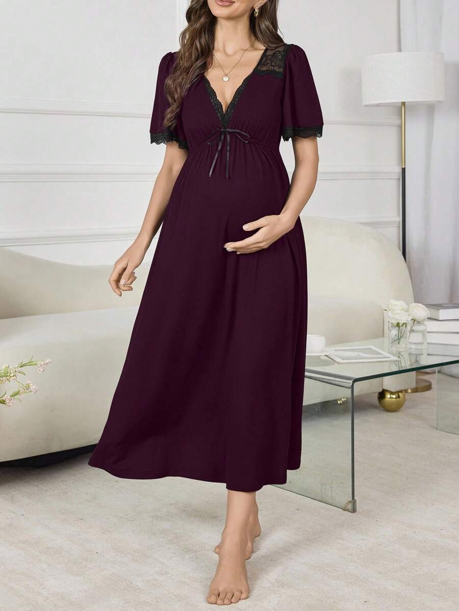 Maternity V-Neck Lace Patchwork A-Line Long Nightgown Women Pregnancy Sleepwear Elegant Loungewear