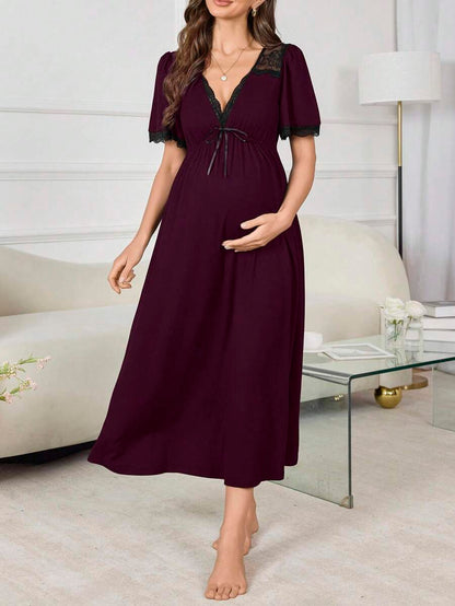 Maternity V-Neck Lace Patchwork A-Line Long Nightgown Women Pregnancy Sleepwear Elegant Loungewear