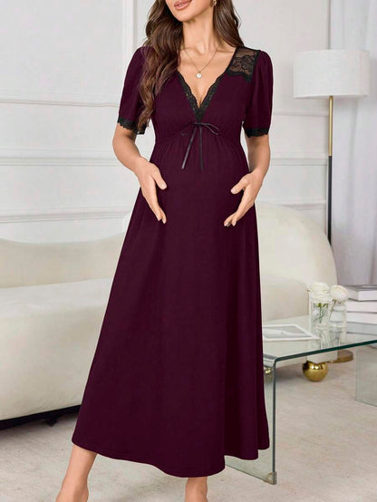 Maternity V-Neck Lace Patchwork A-Line Long Nightgown Women Pregnancy Sleepwear Elegant Loungewear