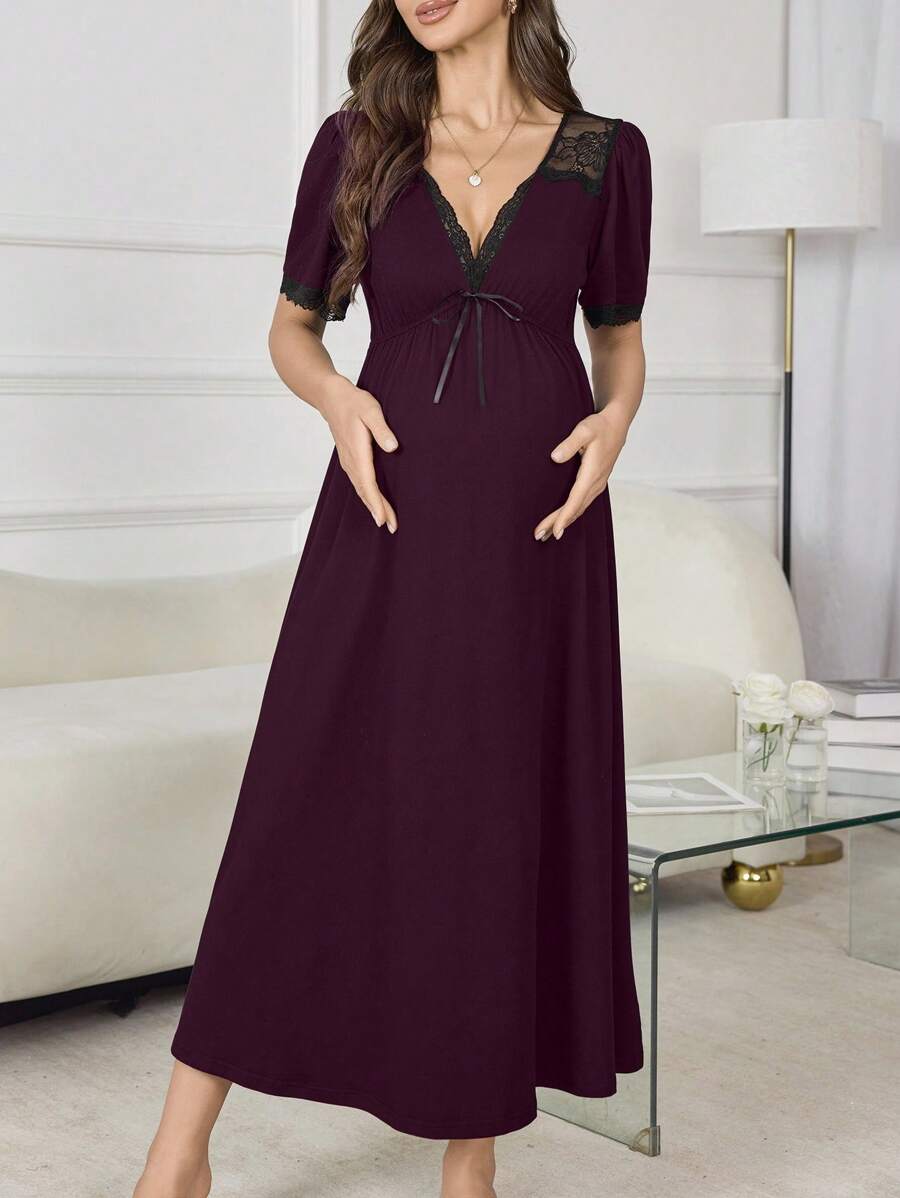 Maternity Long Nightgown - Deep V Neck Lace Patchwork Waist Flare Hem Elegant, Nursing Sleepwear