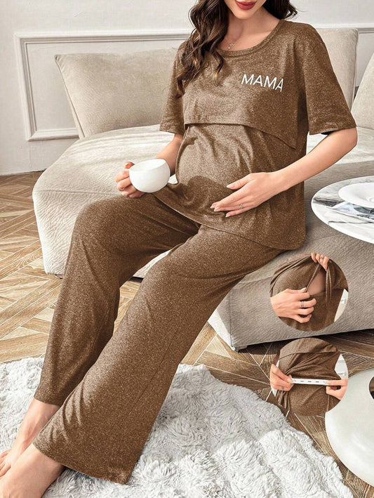 Maternity Nursing Pajama Set Women Letter Print Short Sleeve Top and Pants Sleepwear