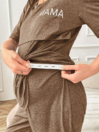 Maternity Nursing Pajama Set Women Letter Print Short Sleeve Top and Pants Sleepwear