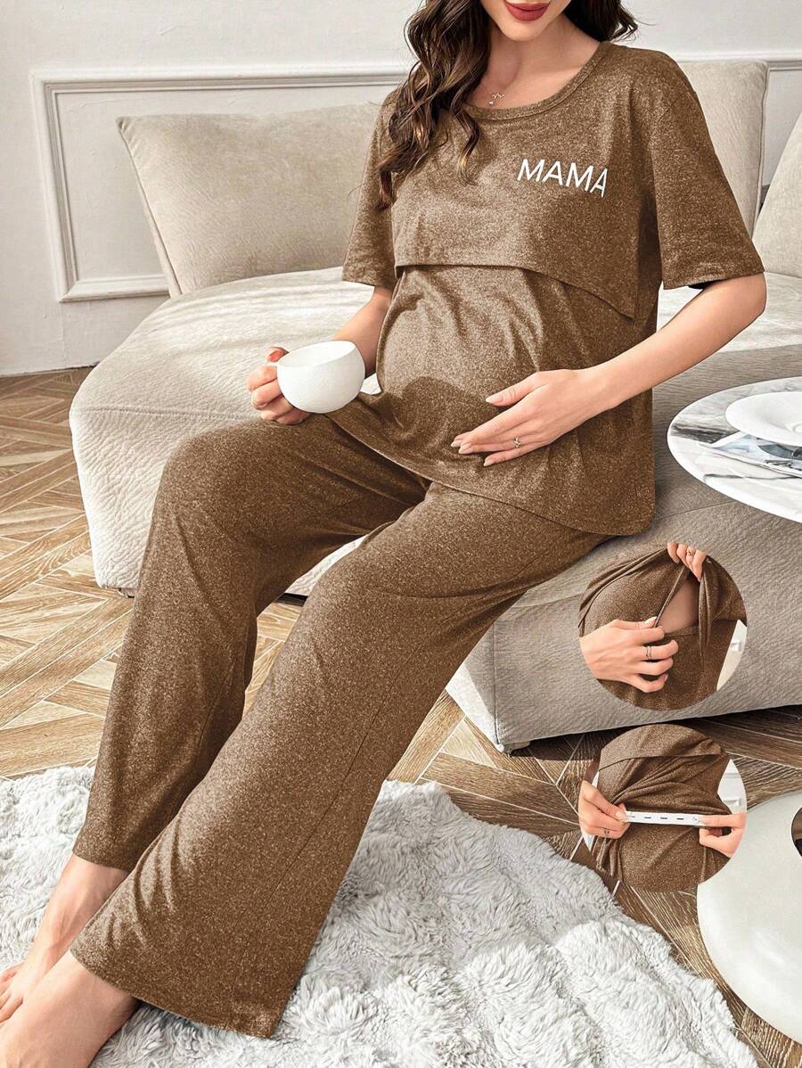 Maternity Nursing Pajama Set Women Letter Print Short Sleeve Top and Pants Sleepwear