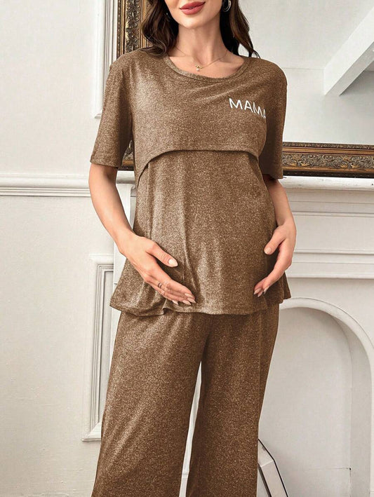 Maternity Nursing Pajama Set Women Letter Print Short Sleeve Top and Pants Sleepwear