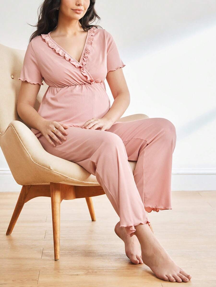 Maternity Pajama Set - Solid Color V-Neck Ruffle Trim Top and Pants, Purple Postpartum