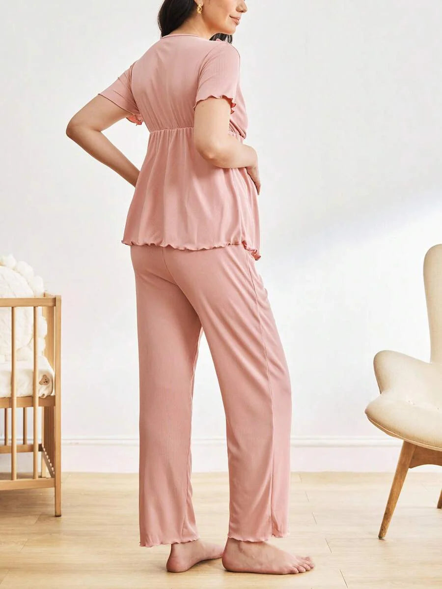 Maternity Pajama Set - Solid Color V-Neck Ruffle Trim Top and Pants, Purple Postpartum
