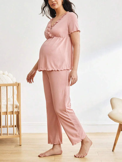 Maternity Pajama Set - Solid Color V-Neck Ruffle Trim Top and Pants, Purple Postpartum