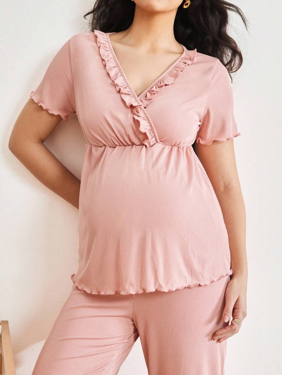 Maternity Pajama Set - Solid Color V-Neck Ruffle Trim Top and Pants, Purple Postpartum
