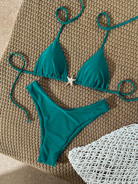 Swim Vcay Women's Solid Color Spaghetti Strap Metal Decor Sexy Bikini Set, Summer