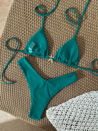 Swim Vcay Women's Solid Color Spaghetti Strap Metal Decor Sexy Bikini Set, Summer