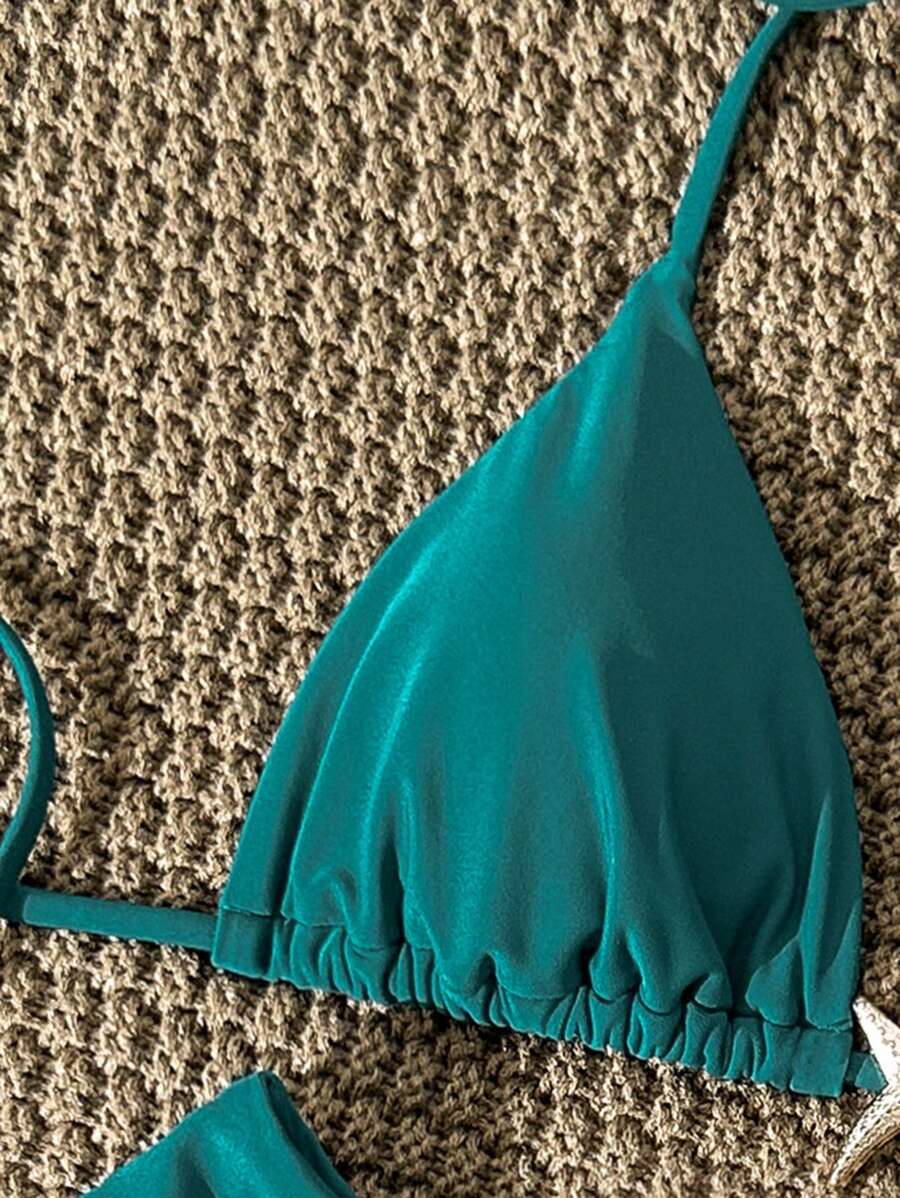 Swim Vcay Women's Solid Color Spaghetti Strap Metal Decor Sexy Bikini Set, Summer