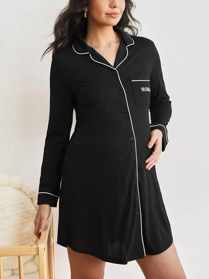 Maternity Contrast Piping Button Front Nightgown - Black Long Sleeve Lapel Collar Loungewear - Cozy Spring and Fall Knitted Home Dress
