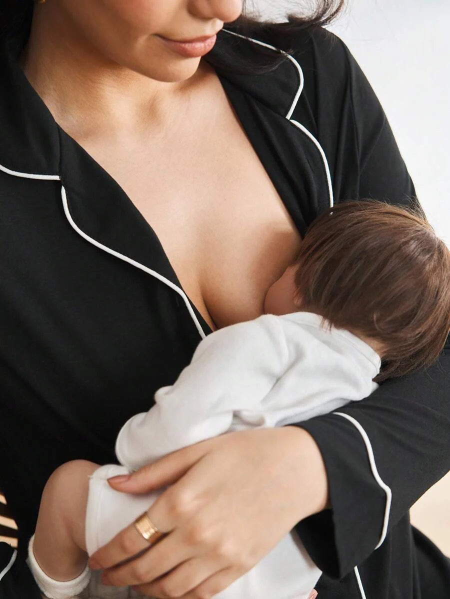 Maternity Contrast Piping Button Front Nightgown - Black Long Sleeve Lapel Collar Loungewear - Cozy Spring and Fall Knitted Home Dress