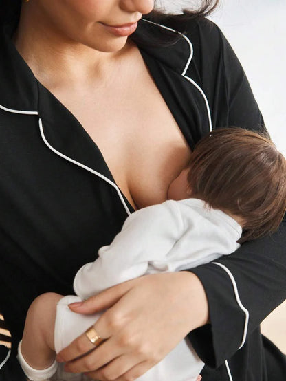 Maternity Contrast Piping Button Front Nightgown - Black Long Sleeve Lapel Collar Loungewear - Cozy Spring and Fall Knitted Home Dress