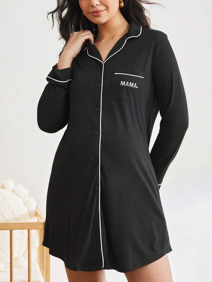 Maternity Contrast Piping Button Front Nightgown - Black Long Sleeve Lapel Collar Loungewear - Cozy Spring and Fall Knitted Home Dress