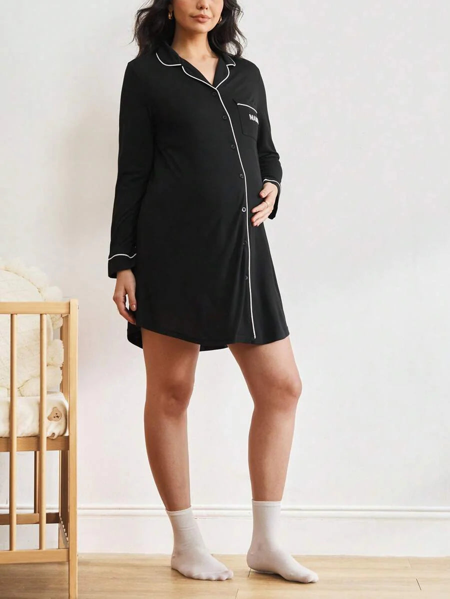 Maternity Contrast Piping Button Front Nightgown - Black Long Sleeve Lapel Collar Loungewear - Cozy Spring and Fall Knitted Home Dress