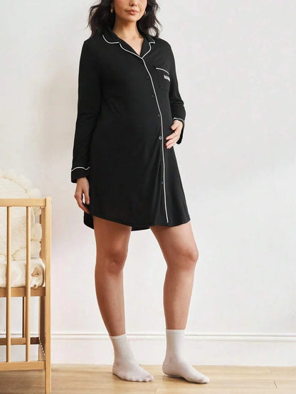 Maternity Contrast Piping Button Front Nightgown - Black Long Sleeve Lapel Collar Loungewear - Cozy Spring and Fall Knitted Home Dress
