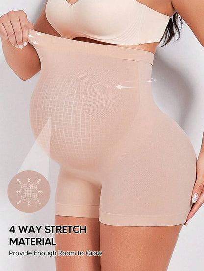 Maternity High Waist Rib-Knit Yoga Shorts with Elastic Belly Support Panel, Geometric Print Winter Activewear, Beige