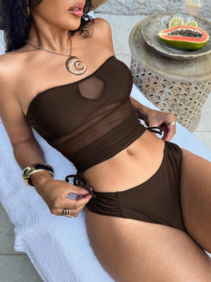 Women's 2-Piece Tankini Set - Detachable Strap Bandeau, Contrast Mesh, Navy Blue