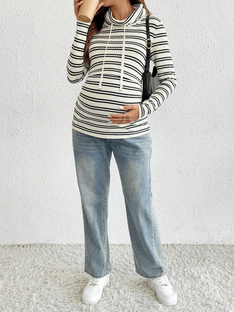 Striped Maternity Nursing Hoodie with Long Sleeve Drop Shoulder and Drawstring Detail in Apricot Knit for Autumn Winter