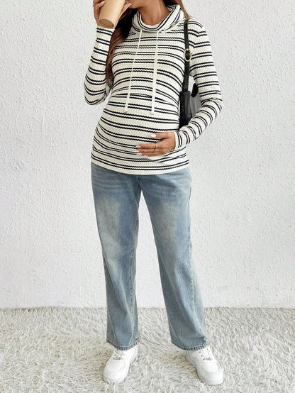 Striped Maternity Nursing Hoodie with Long Sleeve Drop Shoulder and Drawstring Detail in Apricot Knit for Autumn Winter