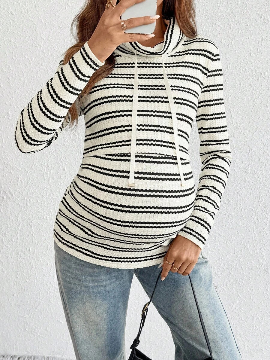 Striped Maternity Nursing Hoodie with Long Sleeve Drop Shoulder and Drawstring Detail in Apricot Knit for Autumn Winter
