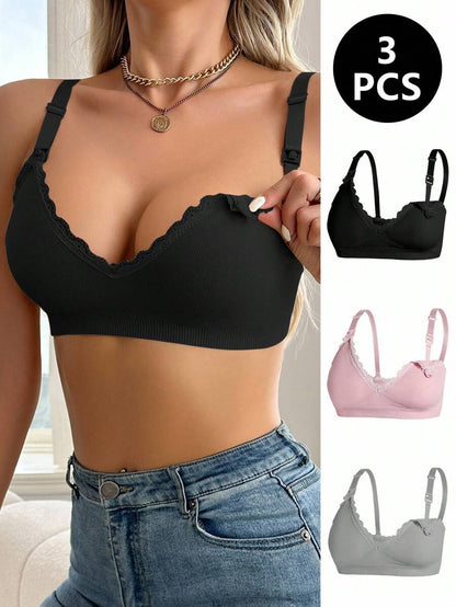Maternity Nursing Bra Set 3 Pack - Seamless Solid Color Minimalist High Quality Breastfeeding