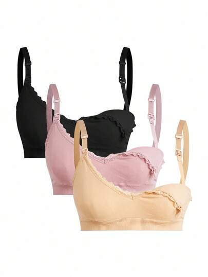 3pcs/Set Seamless Maternity Solid Color Contrast Lace Nursing Bras