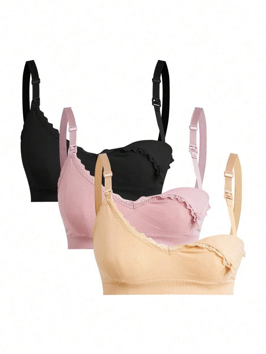 3pcs/Set Seamless Maternity Solid Color Contrast Lace Nursing Bras