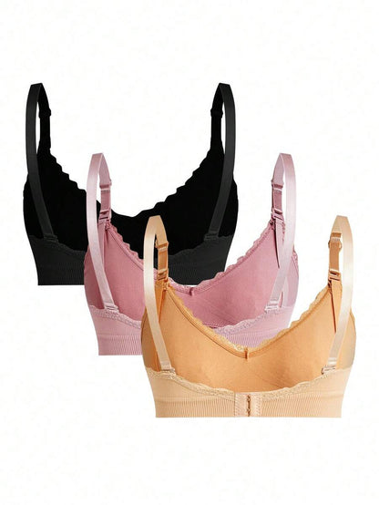 3pcs/Set Seamless Maternity Solid Color Contrast Lace Nursing Bras