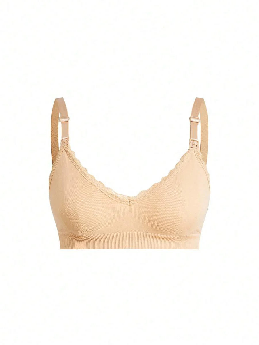 3pcs/Set Seamless Maternity Solid Color Contrast Lace Nursing Bras