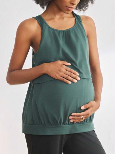 Maternity Solid Color Sleeveless Camisole - Casual Round Neck Pregnancy Top