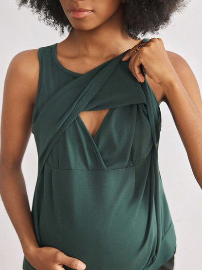 Maternity Solid Color Sleeveless Camisole - Casual Round Neck Pregnancy Top